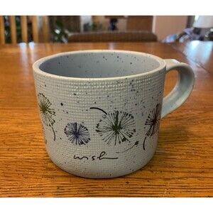 New Anthropologie Coffee Mug Wish 14oz Textured Blue Dandelions Floral Stonewear